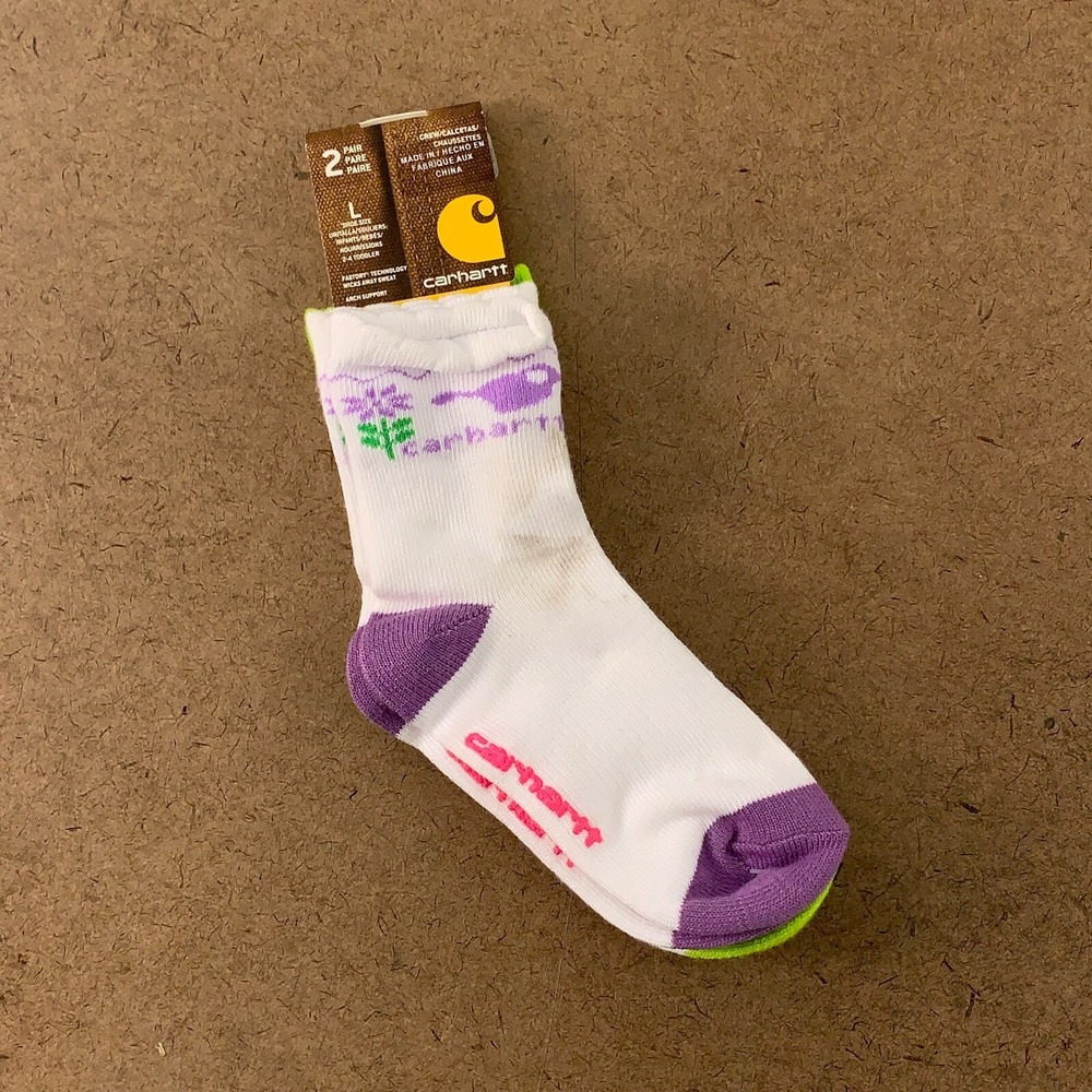 Carhartt Toddler Girls Size Large 2-4 White Graphic 2 Pair Crew Socks NWT